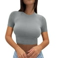thumbnail image 1 of Slim Fit Cropped Tee for Women Short Sleeve Round Neck Solid Color Everyday Fashion Top, 1 of 6