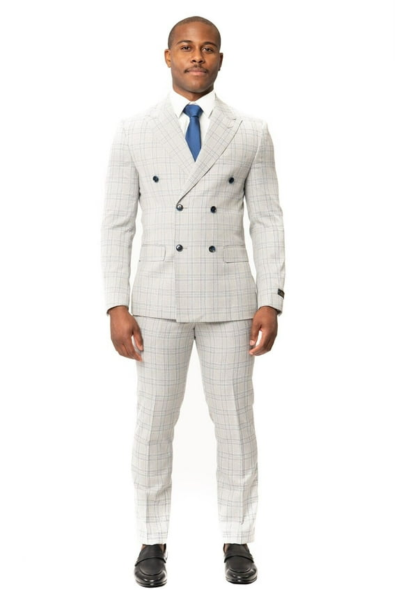 Slim Fit Double Breasted 2 Button Peak Lapel Chalk Grey Plaid Men's Suit 44 Regular