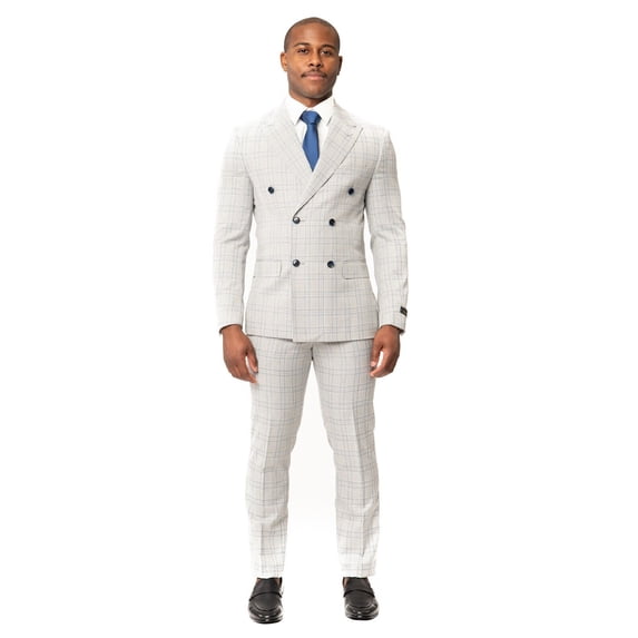 Slim Fit Double Breasted 2 Button Peak Lapel Chalk Grey Plaid Men's Suit 44 Short