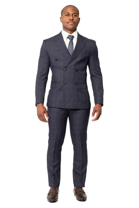 Slim Fit Double Breasted 2 Button Peak Lapel Eggplant Plaid Men's Suit 46 Regular