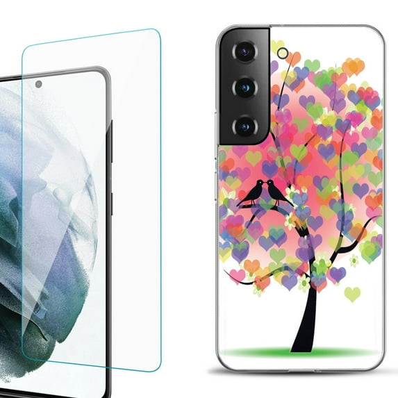 Slim-Fit Fashion Gel Phone Case for Samsung Galaxy S22+ 5G / S22 Plus 5G, with Tempered Glass Screen Protector, by OneToughShield ® - Color Hearts Tree