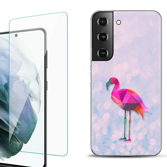 Slim-Fit Fashion Gel Phone Case for Samsung Galaxy S22+ 5G / S22 Plus 5G, with Tempered Glass Screen Protector, by OneToughShield ® - Flamingo / Polygon