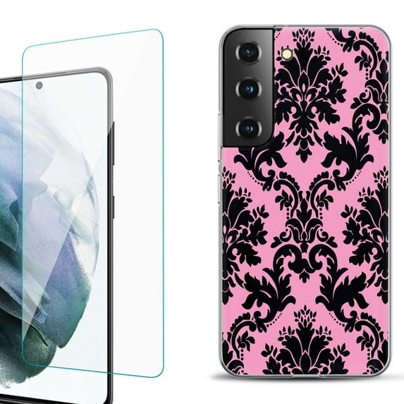Slim-Fit Fashion Gel Phone Case for Samsung Galaxy S22+ 5G / S22 Plus 5G, with Tempered Glass Screen Protector, by OneToughShield ® - Victorian Pink/Black