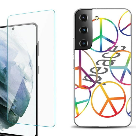 Slim-Fit Fashion Gel Phone Case for Samsung Galaxy S22+ 5G / S22 Plus 5G, with Tempered Glass Screen Protector, by OneToughShield ® - Colorful Peace