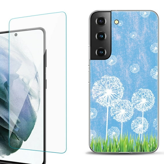 Slim-Fit Fashion Gel Phone Case for Samsung Galaxy S22+ 5G / S22 Plus 5G, with Tempered Glass Screen Protector, by OneToughShield ® - Dandelion Sky