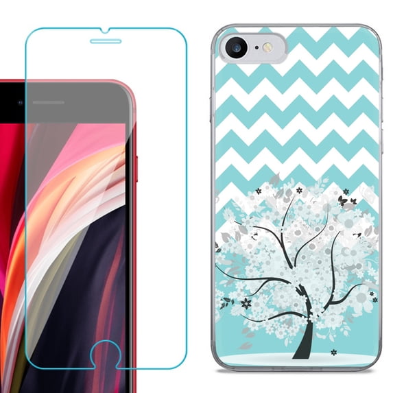 Slim-Fit Fashion Gel Phone Case for iPhone SE 2022, with Tempered Glass Screen Protector, by OneToughShield ® - Chevron/Tree