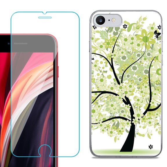 Slim-Fit Fashion Gel Phone Case for iPhone SE 2022, with Tempered Glass Screen Protector, by OneToughShield ® - Green Tree