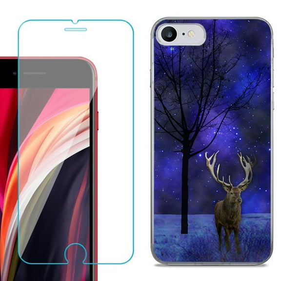 Slim-Fit Fashion Gel Phone Case for iPhone SE 2022, with Tempered Glass Screen Protector, by OneToughShield - Midnight Deer