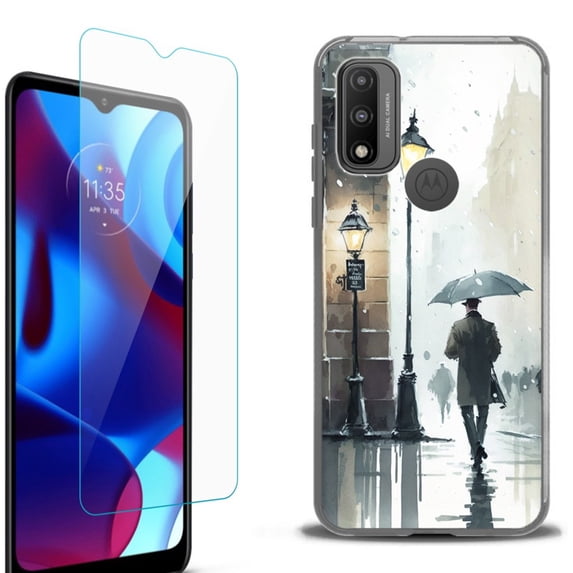 Slim-Fit Fashion Phone Case for Motorola Moto G Pure, with Tempered Glass Screen Protector, by OneToughShield ® - City in the rain