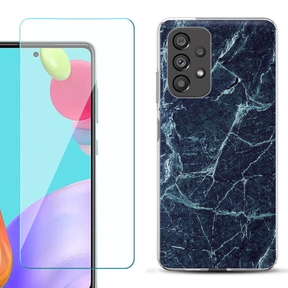 Slim-Fit Fashion Phone Case for Samsung Galaxy A53 5G, with Tempered Glass Screen Protector, by OneToughShield ® - Marble / Blue