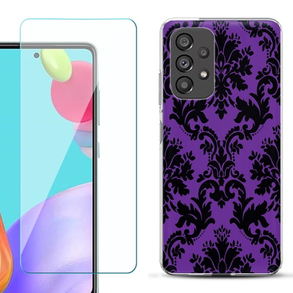 Slim-Fit Fashion Phone Case for Samsung Galaxy A53 5G, with Tempered Glass Screen Protector, by OneToughShield ® - Victorian Purple/Black