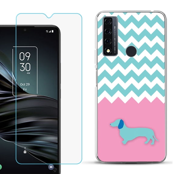 Slim-Fit Fashion Phone Case for TCL 20 XE, with Tempered Glass Screen Protector, by OneToughShield ® - Chevron/Dachshund/Puppy