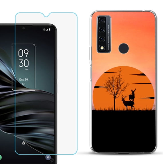 Slim-Fit Fashion Phone Case for TCL 20 XE, with Tempered Glass Screen Protector, by OneToughShield ® - Sunset Deer