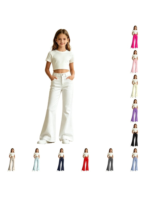 Slim Fit Flared Pants Girls Kids – Elastic Waist Girls Pants Casual Kids – Cute Kids Clothing for School Daily Playtime (Ages 6-16)