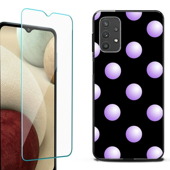 Slim-Fit Flexible TPU Gel Phone Case (black) for Samsung Galaxy A32 5G, with Tempered Glass Screen Protector, by OneToughShield ® - Polka Dot / Purple