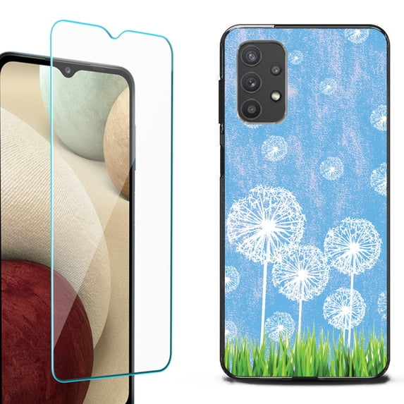 Slim-Fit Flexible TPU Gel Phone Case (black) for Samsung Galaxy A32 5G, with Tempered Glass Screen Protector, by OneToughShield ® - Dandelion Sky