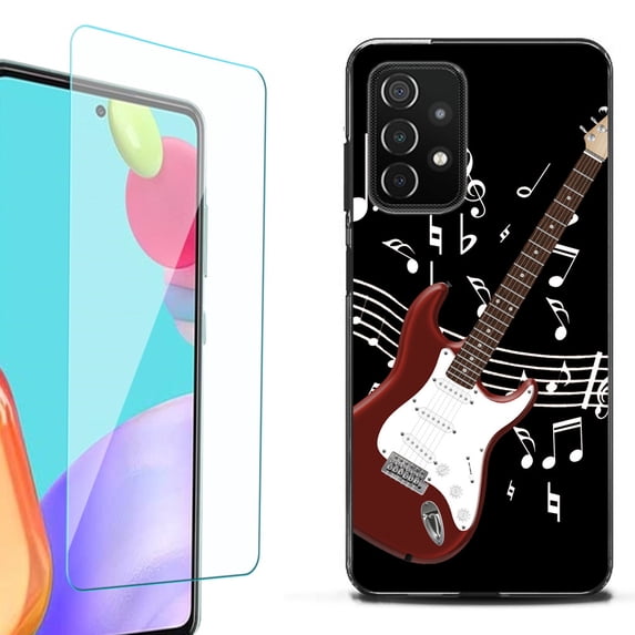 Slim-Fit Flexible TPU Gel Phone Case (black) for Samsung Galaxy A52 5G, with Tempered Glass Screen Protector, by OneToughShield ® - Guitar Red