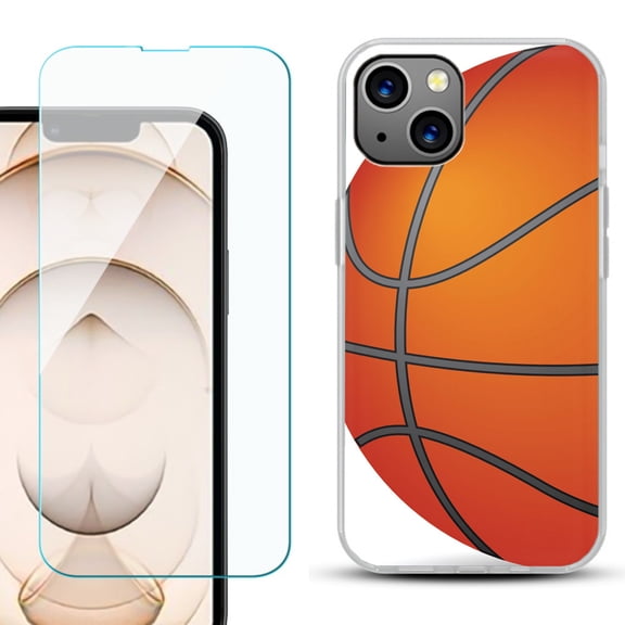 Slim-Fit Flexible TPU Gel Phone Case for iPhone 13, with Tempered Glass Screen Protector, by OneToughShield ® - Basketball