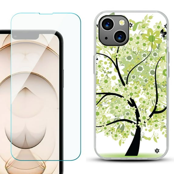 Slim-Fit Flexible TPU Gel Phone Case for iPhone 13, with Tempered Glass Screen Protector, by OneToughShield ® - Green Tree
