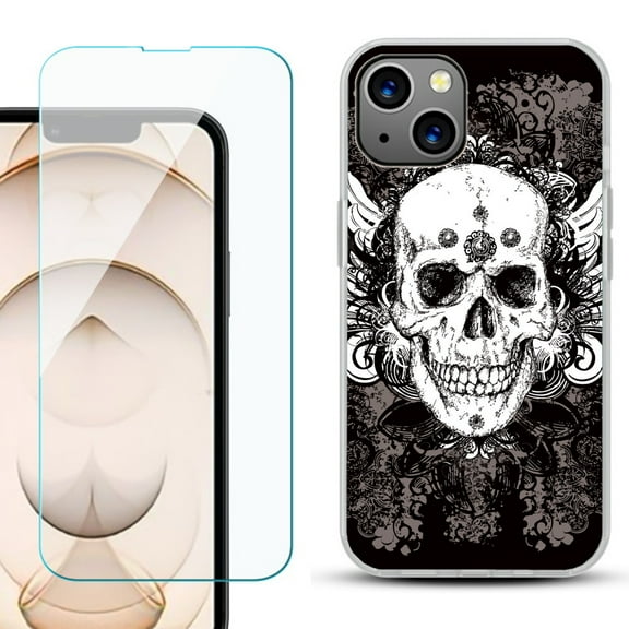 Slim-Fit Flexible TPU Gel Phone Case for iPhone 13, with Tempered Glass Screen Protector, by OneToughShield ® - Grunge Skull