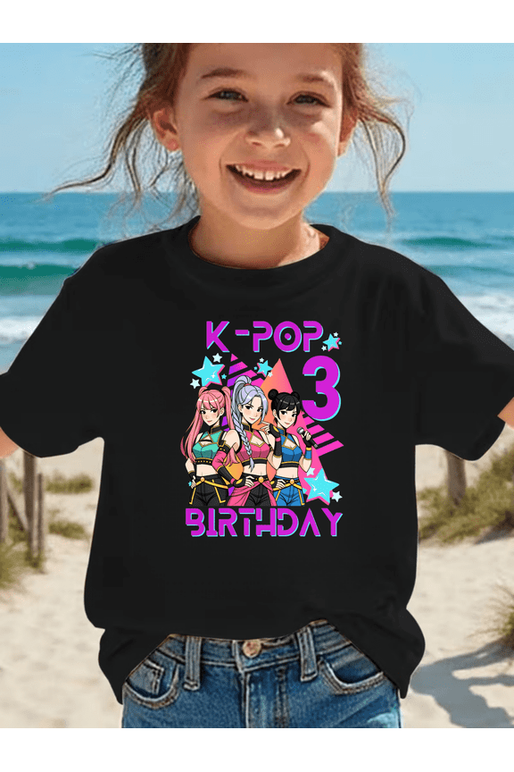[Slim Fit] Funny K-POP Brithday Theme T-shirt for Girl,Summer Graphic Tee for Kids,Size 3Years-13Years