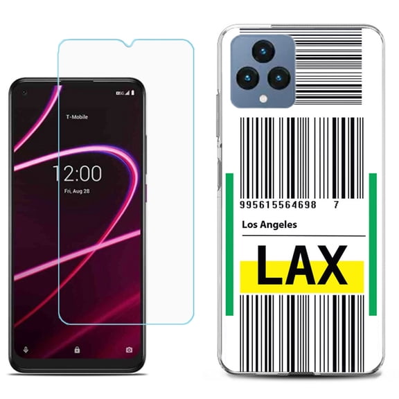 Slim-Fit Gel TPU Fashion Phone Case for T-Mobile Revvl 6 5G, with Tempered Glass Screen Protector, by OneToughShield ® - Airport Tag / Los Angeles
