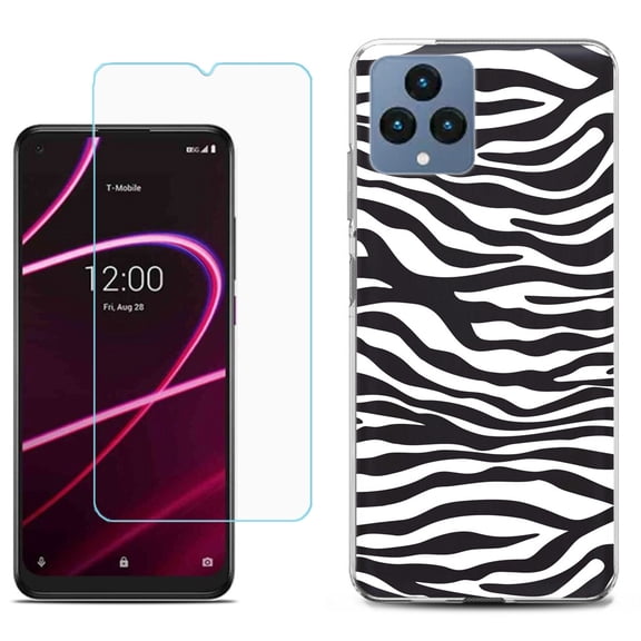 Slim-Fit Gel TPU Fashion Phone Case for T-Mobile Revvl 6 5G, with Tempered Glass Screen Protector, by OneToughShield ® - Zebra B/W