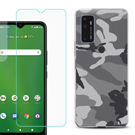 Slim-Fit Gel TPU Phone Case for Cricket Dream 5G, with Tempered Glass Screen Protector, by OneToughShield ® - Camo B/W