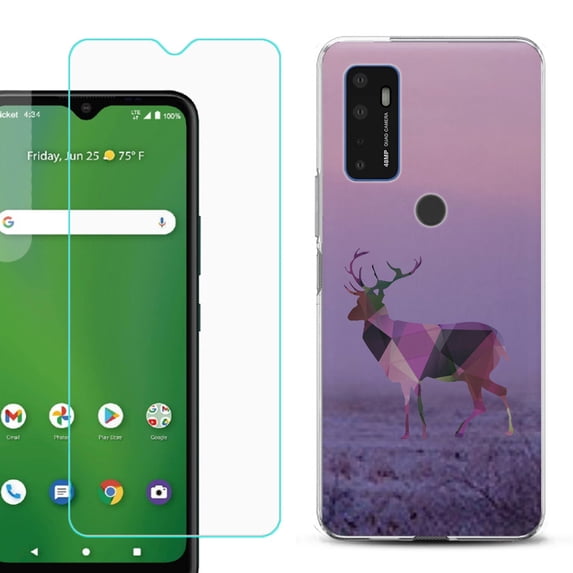 Slim-Fit Gel TPU Phone Case for Cricket Dream 5G, with Tempered Glass Screen Protector, by OneToughShield ® - Deer/Polygon