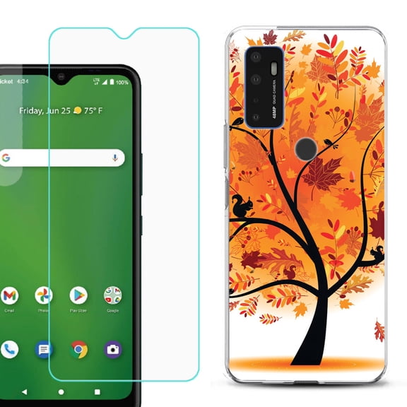 Slim-Fit Gel TPU Phone Case for Cricket Dream 5G, with Tempered Glass Screen Protector, by OneToughShield ® - Golden Tree