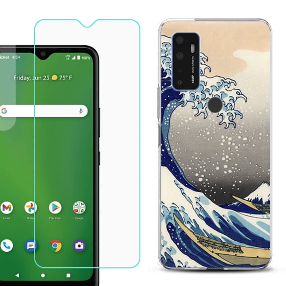 Slim-Fit Gel TPU Phone Case for Cricket Dream 5G, with Tempered Glass Screen Protector, by OneToughShield - Great Wave