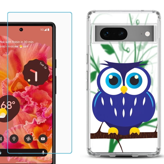 Slim-Fit Gel TPU Phone Case for Google Pixel 7, with Tempered Glass Screen Protector, by OneToughShield ® - Blue Owl