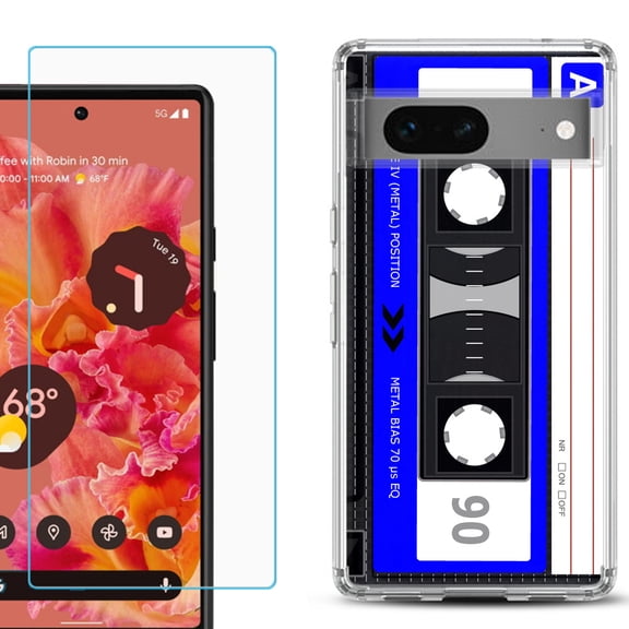 Slim-Fit Gel TPU Phone Case for Google Pixel 7, with Tempered Glass Screen Protector, by OneToughShield ® - Cassette Blue