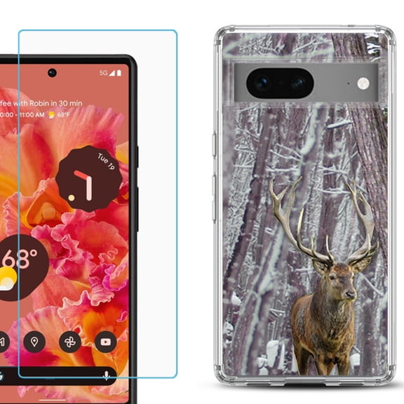 Slim-Fit Gel TPU Phone Case for Google Pixel 7, with Tempered Glass Screen Protector, by OneToughShield ® - Deer/Snow/Camo
