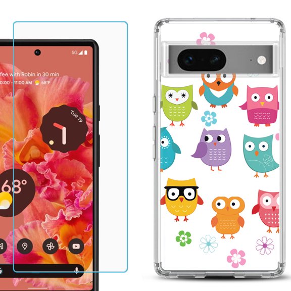 Slim-Fit Gel TPU Phone Case for Google Pixel 7, with Tempered Glass Screen Protector, by OneToughShield ® - Happy Owl