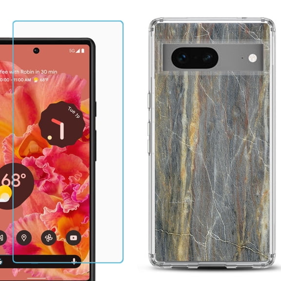 Slim-Fit Gel TPU Phone Case for Google Pixel 7, with Tempered Glass Screen Protector, by OneToughShield ® - Marble/Camo