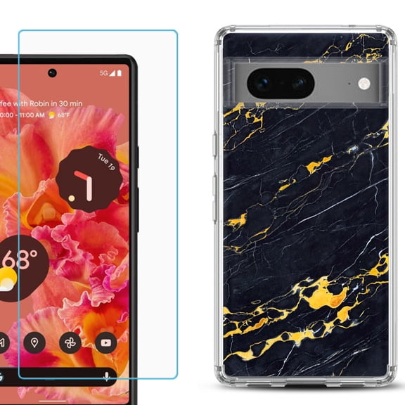 Slim-Fit Gel TPU Phone Case for Google Pixel 7, with Tempered Glass Screen Protector, by OneToughShield ® - Marble / Lava