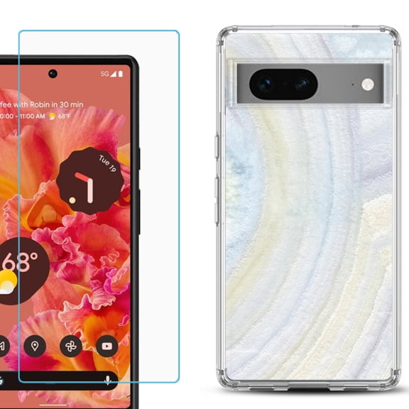 Slim-Fit Gel TPU Phone Case for Google Pixel 7, with Tempered Glass Screen Protector, by OneToughShield ® - Marble / Rainbow