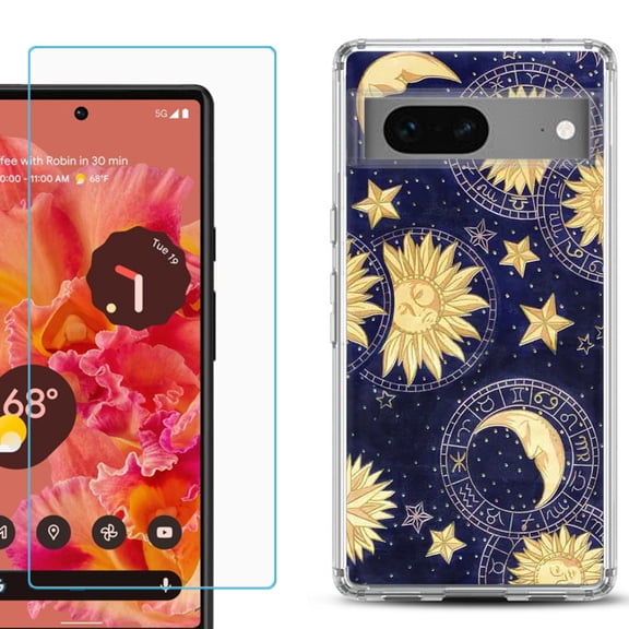 Slim-Fit Gel TPU Phone Case for Google Pixel 7, with Tempered Glass Screen Protector, by OneToughShield  - Moon Sun Star