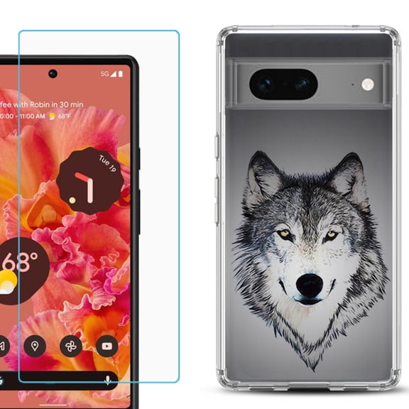 Slim-Fit Gel TPU Phone Case for Google Pixel 7, with Tempered Glass Screen Protector, by OneToughShield ® - Wolf Face