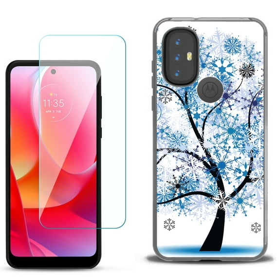 Slim-Fit Gel TPU Phone Case for Motorola Moto G Power 2022, with Tempered Glass Screen Protector, by OneToughShield ® - Snowflakes Tree