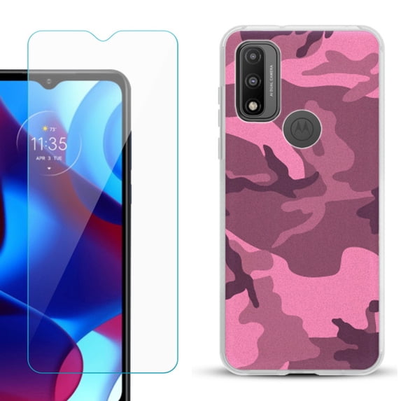 Slim-Fit Gel TPU Phone Case for Motorola Moto G Pure, with Tempered Glass Screen Protector, by OneToughShield ® - Camo Pink