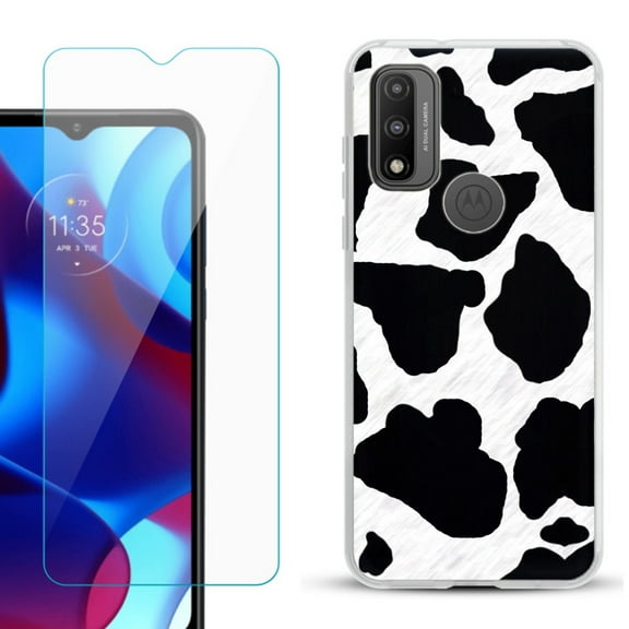 Slim-Fit Gel TPU Phone Case for Motorola Moto G Pure, with Tempered Glass Screen Protector, by OneToughShield  - Cow Skin Design