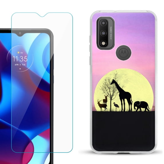 Slim-Fit Gel TPU Phone Case for Motorola Moto G Pure, with Tempered Glass Screen Protector, by OneToughShield ® - Moonlight Safari