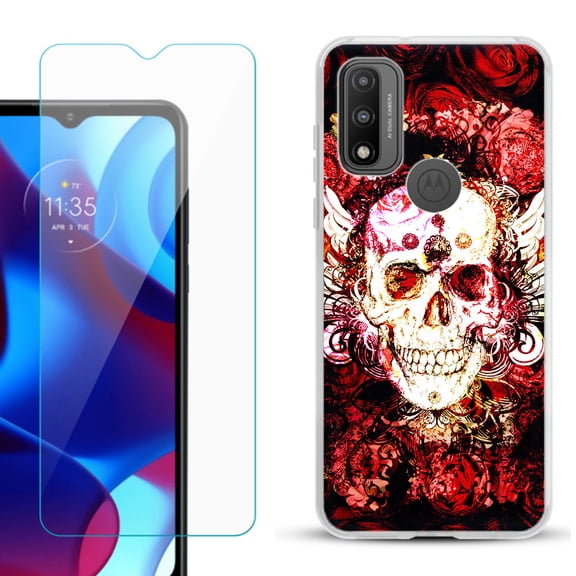Slim-Fit Gel TPU Phone Case for Motorola Moto G Pure, with Tempered Glass Screen Protector, by OneToughShield ® - Rose Skull