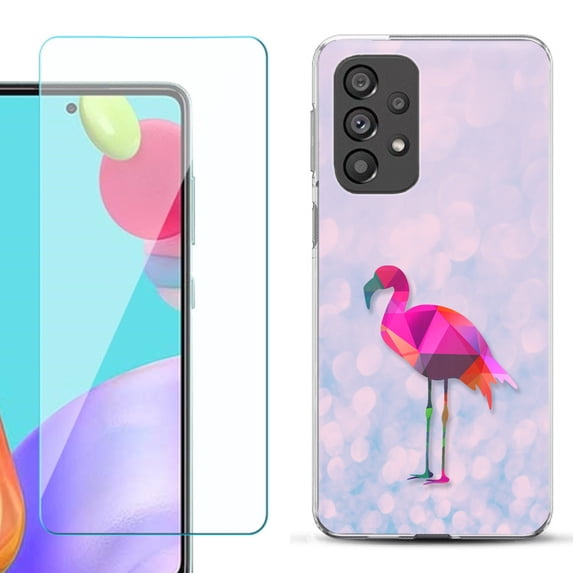 Slim-Fit Gel TPU Phone Case for Samsung Galaxy A33 5G, with Tempered Glass Screen Protector, by OneToughShield ® - Flamingo / Polygon
