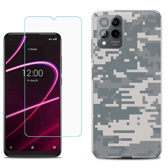 Slim-Fit Gel TPU Phone Case for T-Mobile Revvl 6 Pro 5G, with Tempered Glass Screen Protector, by OneToughShield ® - Digital Camo