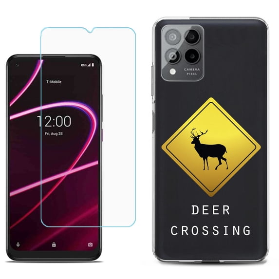Slim-Fit Gel TPU Phone Case for T-Mobile Revvl 6 Pro 5G, with Tempered Glass Screen Protector, by OneToughShield ® - Road Sign Deer