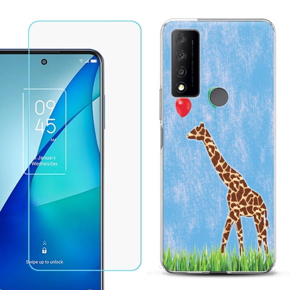 Slim-Fit Gel TPU Phone Case for TCL 4X 5G, with Tempered Glass Screen Protector, by OneToughShield ® - Giraffe/Balloon