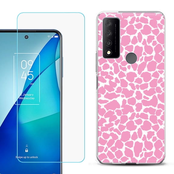 Slim-Fit Gel TPU Phone Case for TCL 4X 5G, with Tempered Glass Screen Protector, by OneToughShield ® - Giraffe/Pink
